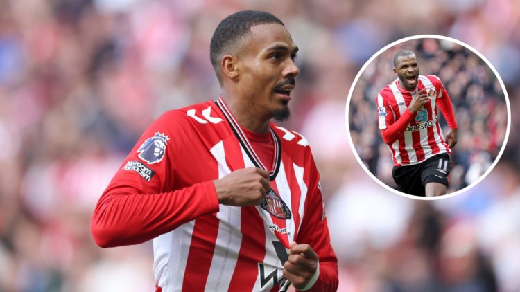 A split image featuring Wilson Isidor celebrating for Sunderland against Aston Villa alongside Darren Bent celebrating for Sunderland