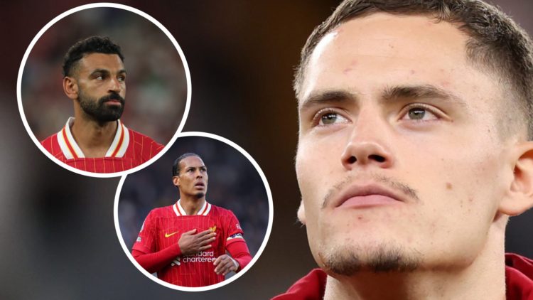 Florian Wirz of Liverpool looks on (right), with Mohamed Salah and Virgil van Dijk (left) insets
