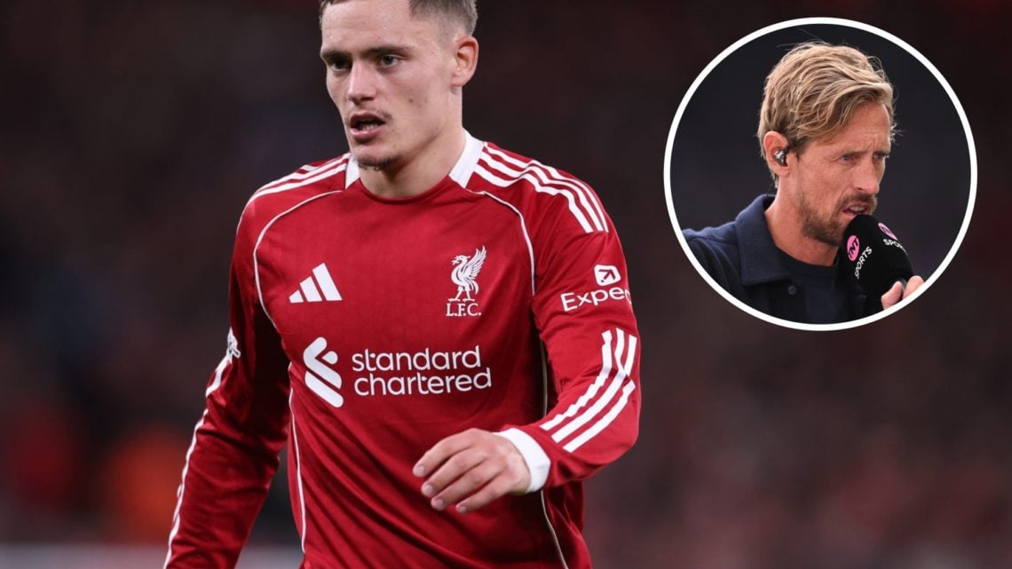 Peter Crouch on punditry duties for TNT Sports alongside an inset of Liverpool midfielder Florian Wirtz