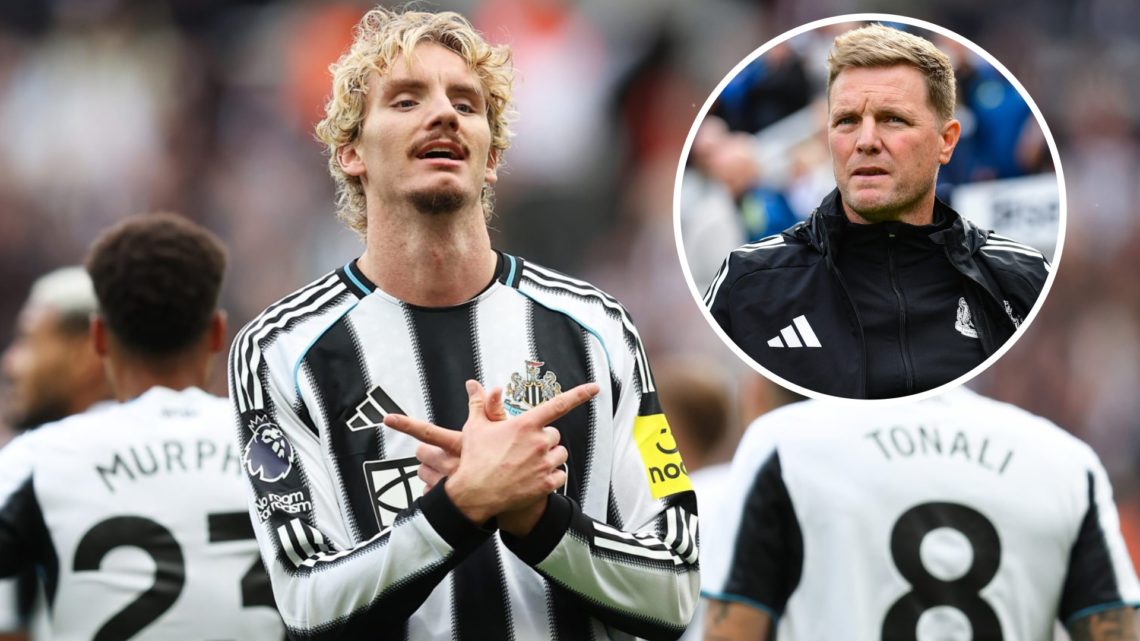 Newcastle striker Nick Woltemade celebrates scoring against Wolves, alongside an inset of Eddie Howe standing on the touchline at St James' Park