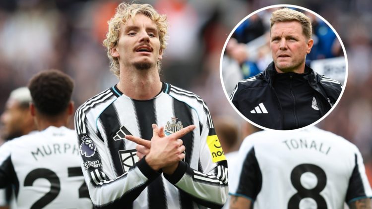 Newcastle striker Nick Woltemade celebrates scoring against Wolves, alongside an inset of Eddie Howe standing on the touchline at St James' Park