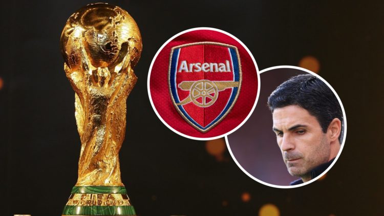 Image of the FIFA World Cup trophy, Mikel Arteta and Arsenal badge inset
