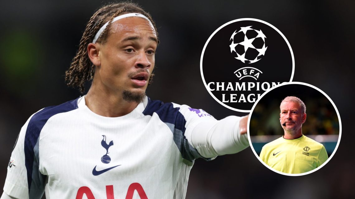Tottenham Hotspur playmaker Xavi Simons in action against Villarreal. Inset, the Champions League logo and referee Mark Clattenburg.