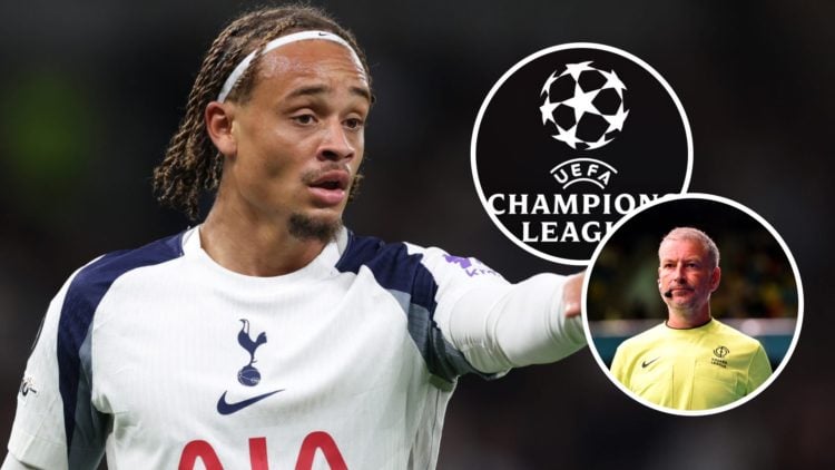 Tottenham Hotspur playmaker Xavi Simons in action against Villarreal. Inset, the Champions League logo and referee Mark Clattenburg.
