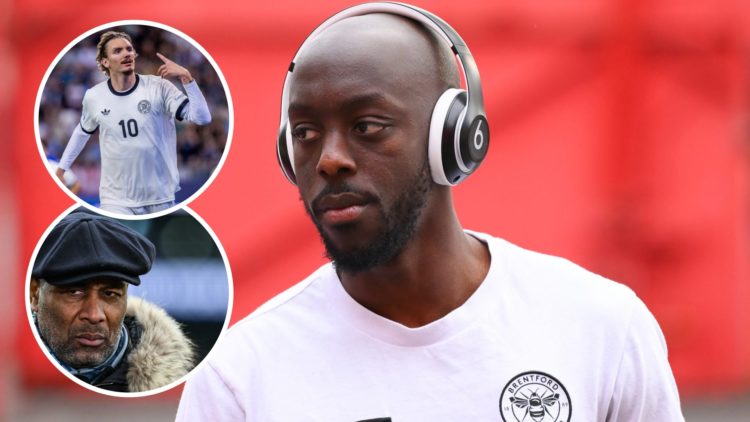 Yoane Wissa getting ready for a game (right) and Nick Woltemade playing for Germany and Les Ferdinand doing a punditry job overlayed (left)