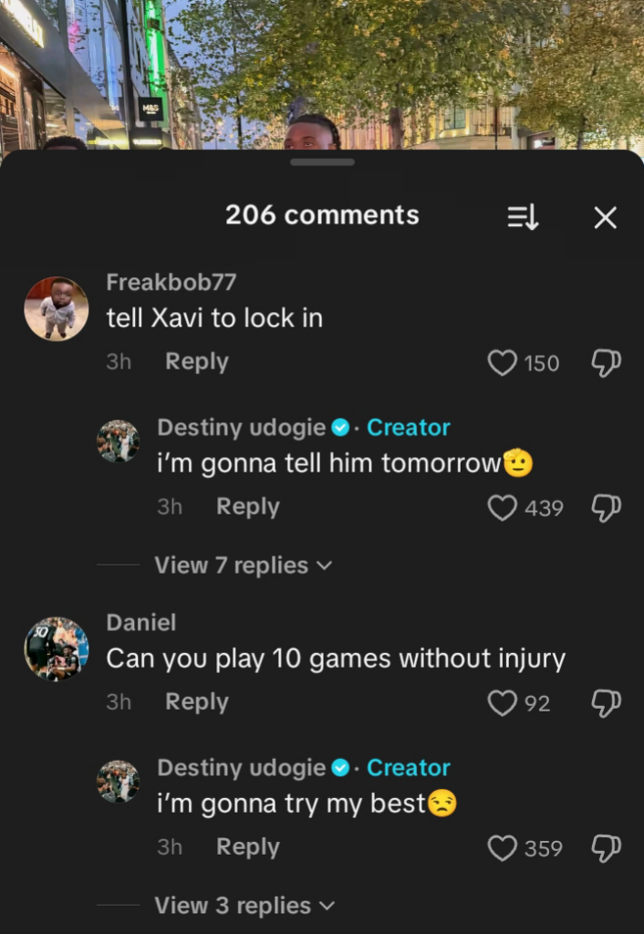 Destiny Udogie responds to fan telling Xavi Simons' to 'lock in' at Tottenham.
