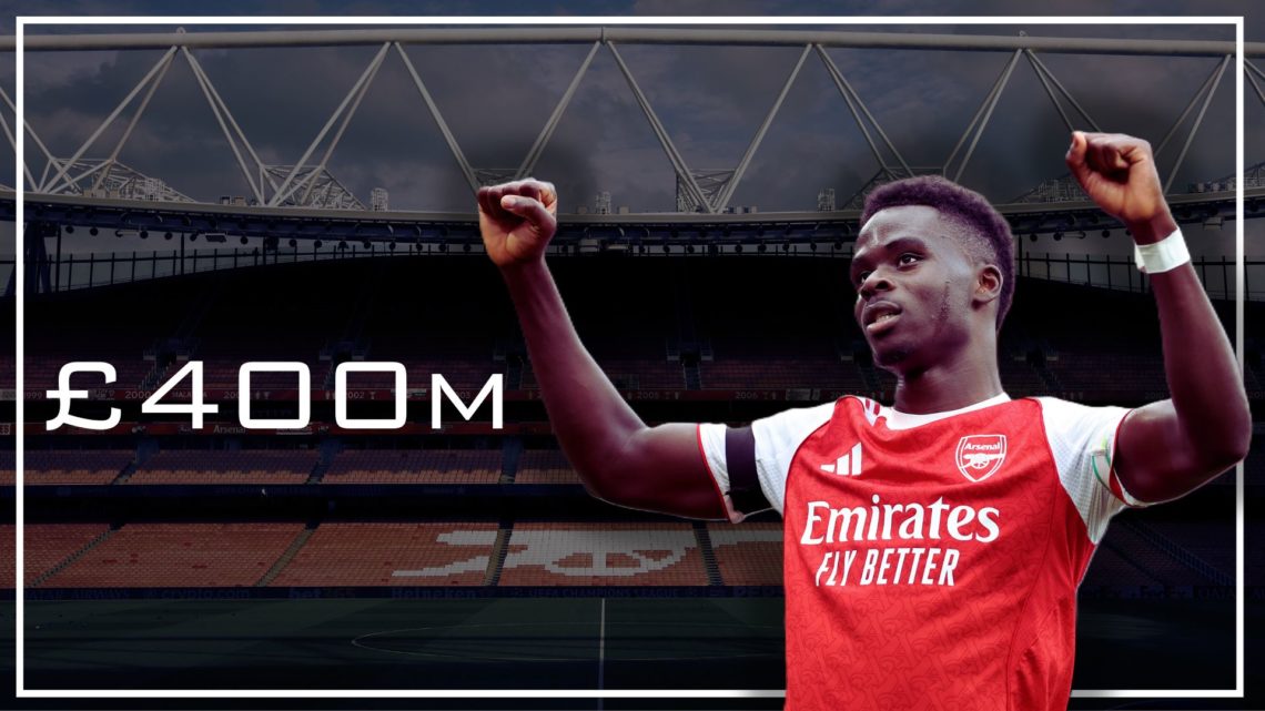 Bukayo Saka celebrates scoring for Arsenal in front of an image of the Emirates Stadium and text that reads £400m.