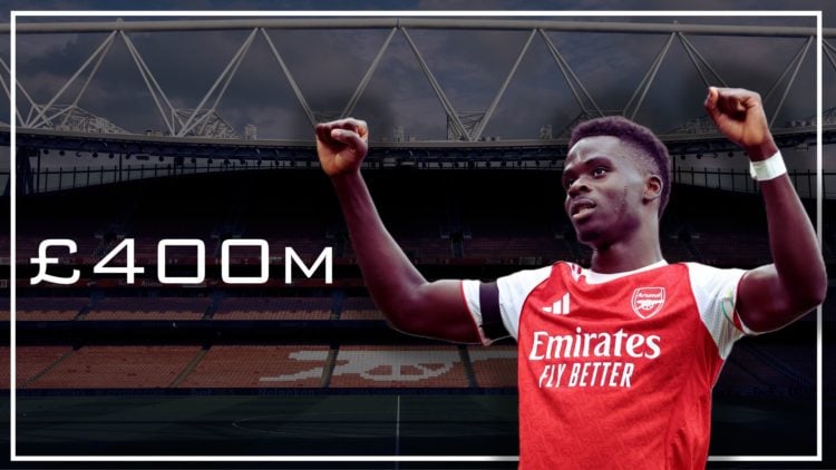 Bukayo Saka celebrates scoring for Arsenal in front of an image of the Emirates Stadium and text that reads £400m.