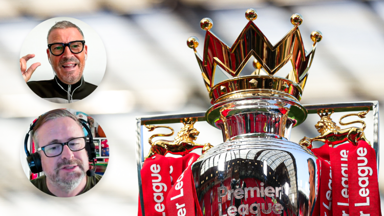 Mark Clattenburg and Graeme Bailet with Premier League trophy split image