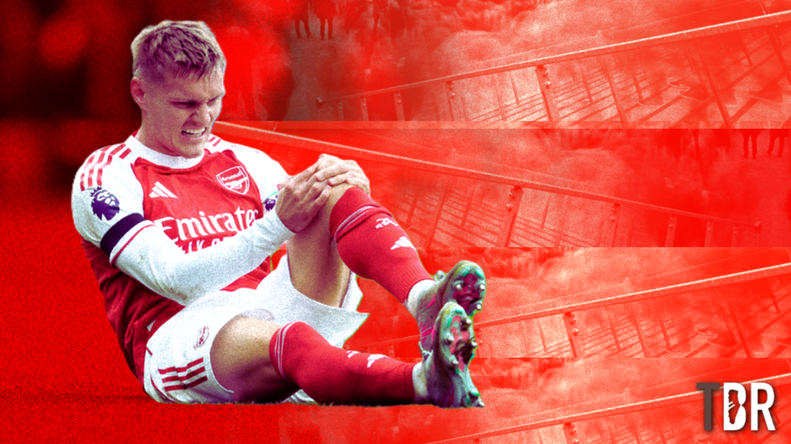 Abstract cover image of Arsenal midfielder Martin Odegaard clutching his knee after injury, with TBR Football logo