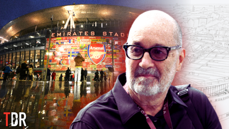 Split image of Arsenal's Emirates Stadium and architect Dan Meis