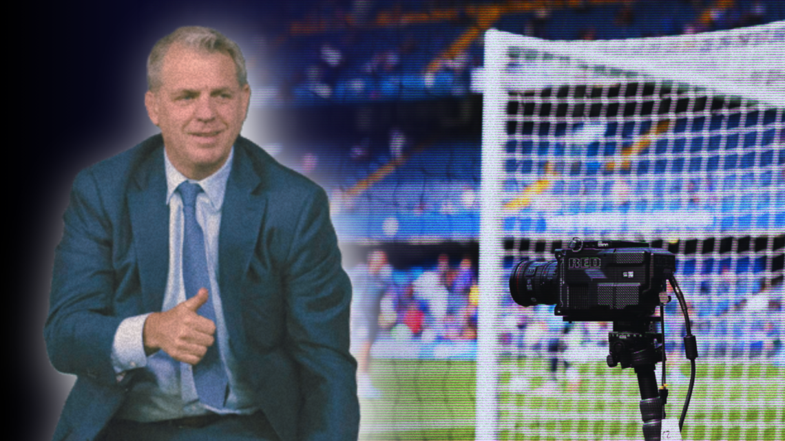 Split image of Chelsea owner Todd Boehly and a camera at Stamford Bridge