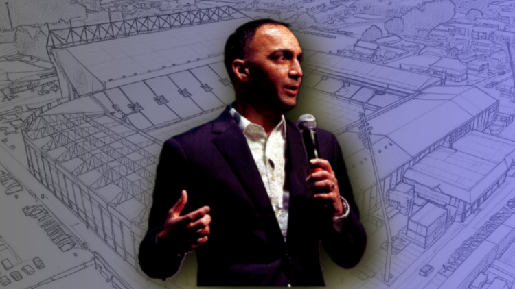 Leeds United chairman Paraag Marathe superimposed over an abstract image of Elland Road