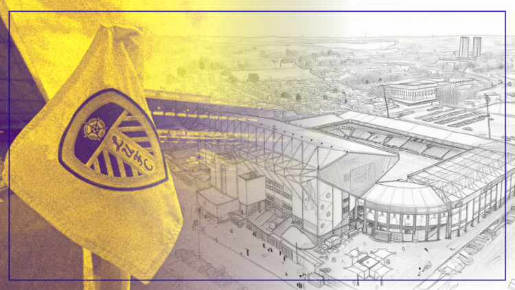 Split image of the Leeds United badge on a corner flag and an abstract drawing of Elland Road