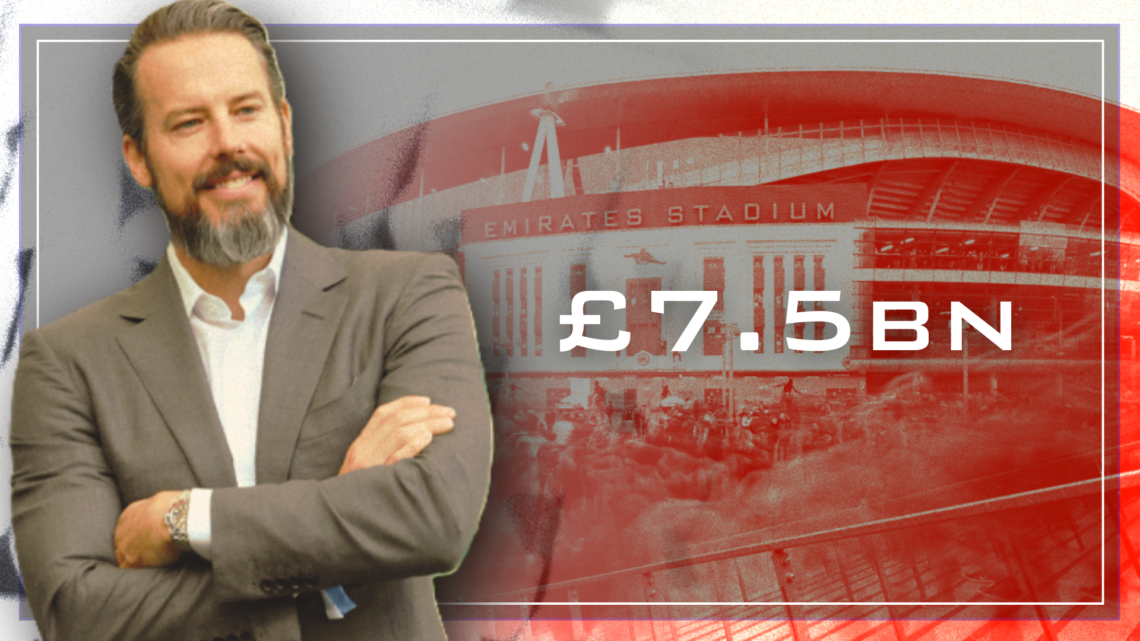 Arsenal co-chair Josh Kroenke, split image with Emirates Stadium and £7.5bn wordage