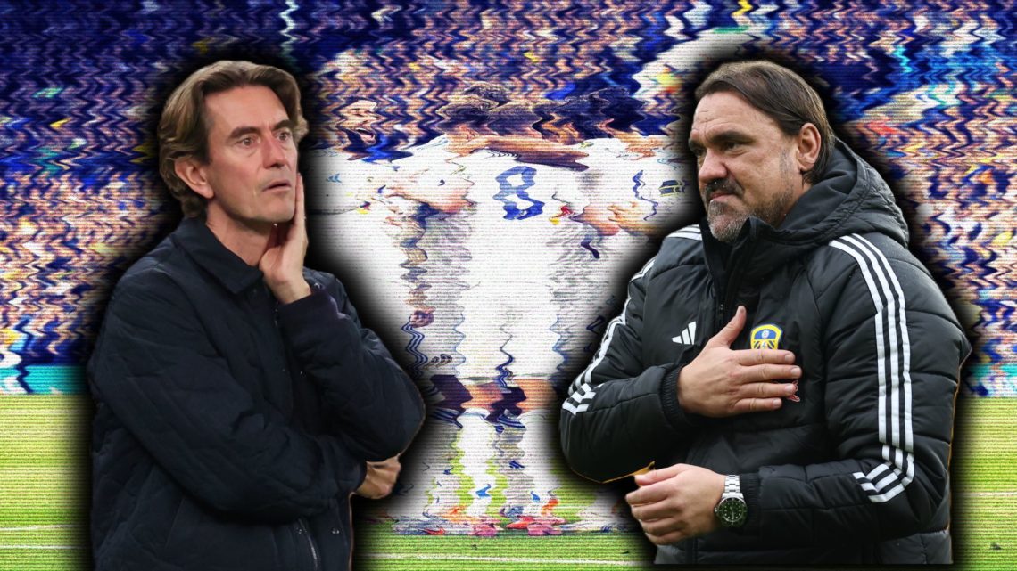 A split image featuring Tottenham boss Thomas Frank (L) alongside Leeds manager Daniel Farke (R) in front of Leeds players celebrating in the backg...