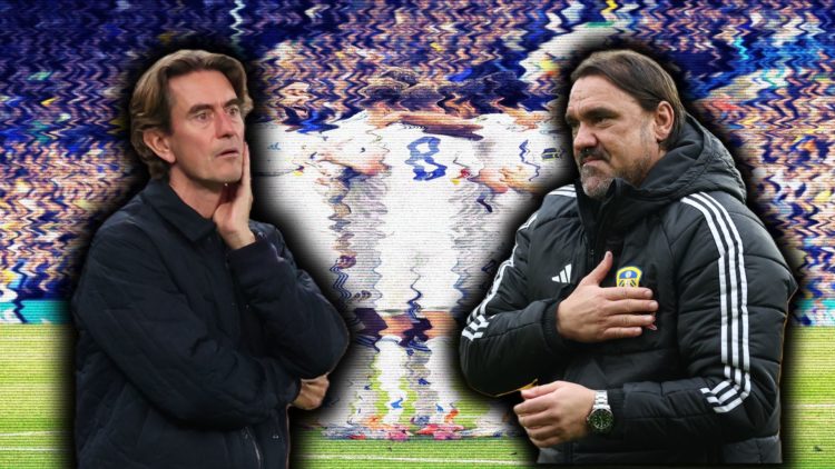 A split image featuring Tottenham boss Thomas Frank (L) alongside Leeds manager Daniel Farke (R) in front of Leeds players celebrating in the backg...