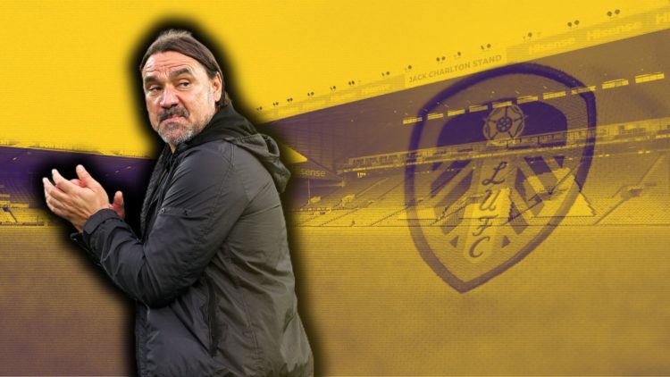 Daniel Farke looks on during a Leeds match alongside a club badge and a picture of Elland Road