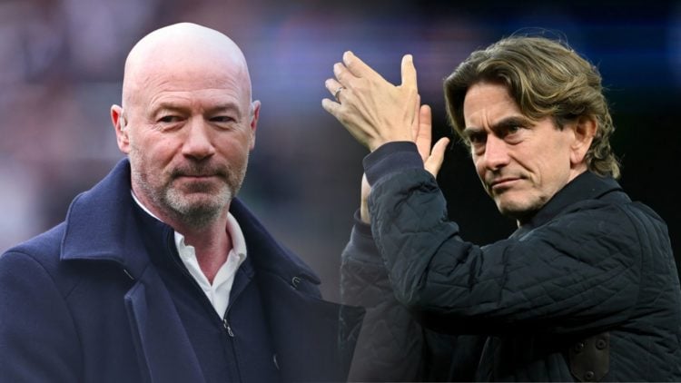 A split image of Alan Shearer looking on during a game as Thomas Frank applauds after a Tottenham match