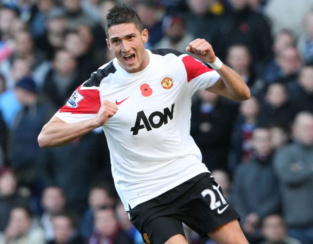 Federico Macheda of Manchester United celebrates scoring their first goal during the Barclays Premier League match between Aston Villa and Manchester United at Villa Park.