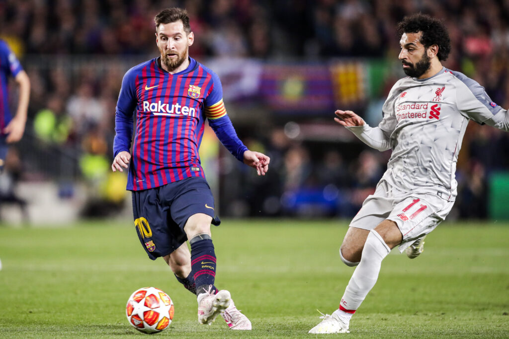 Lionel Messi and Mohamed Salah during FC Barcelona v Liverpool - UEFA Champions League