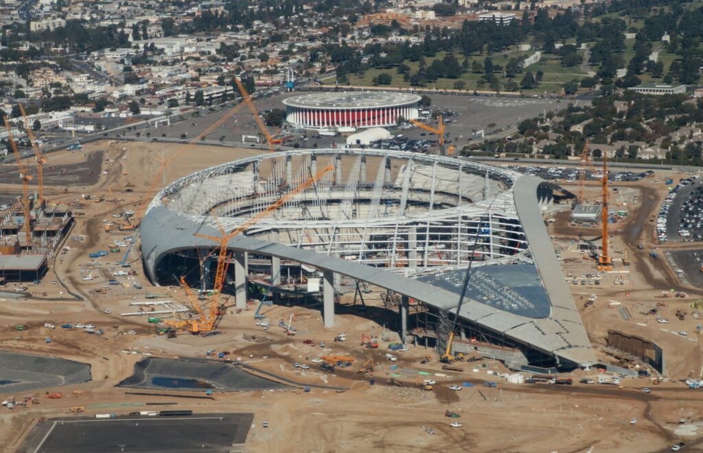 An aerial view of the SoFi Stadium under construction