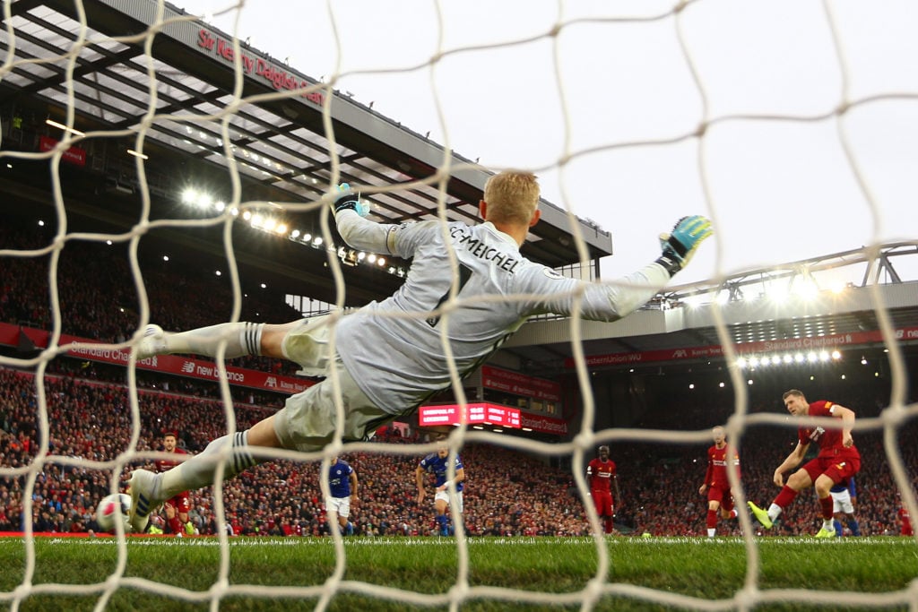 James Milner scores against Kasper Schmeichel for Liverpool vs Leicester City