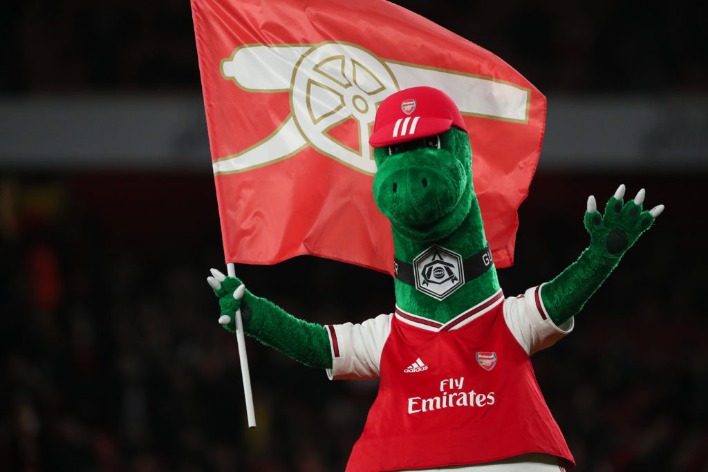 Gunnersaurus poses during an Arsenal match