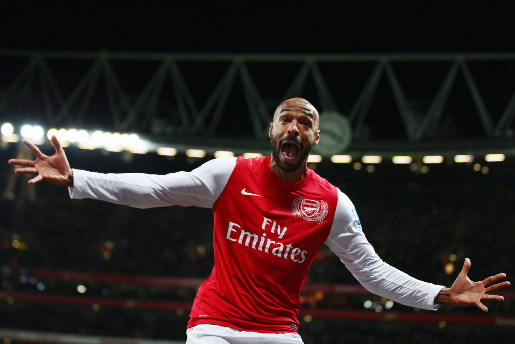 Thierry Henry celebrates scoring for Arsenal against Leeds