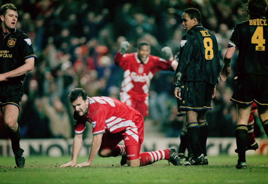 Neil Ruddock on the ground after scoring Liverpool's equaliser against Manchester United at Anfield in 1994