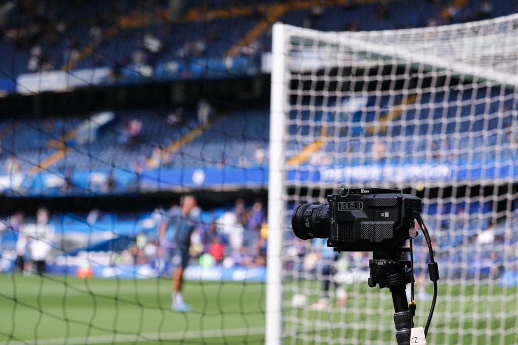 A general view of Stamford Bridge with a television camera in the foreground