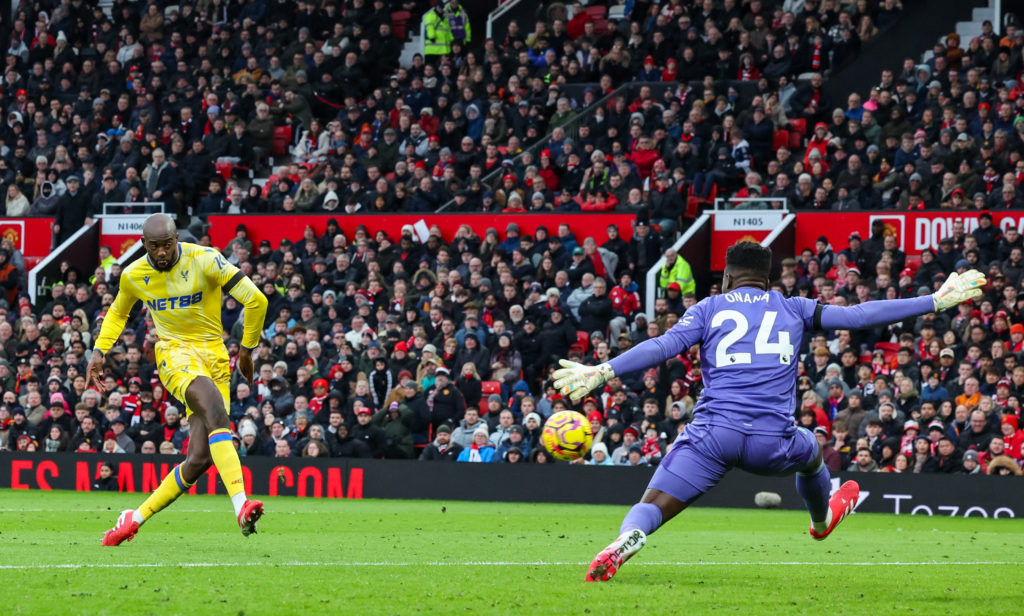 Jean-Philippe Mateta scores Crystal Palace's second goal in their 2-0 win against Manchester United at Old Trafford