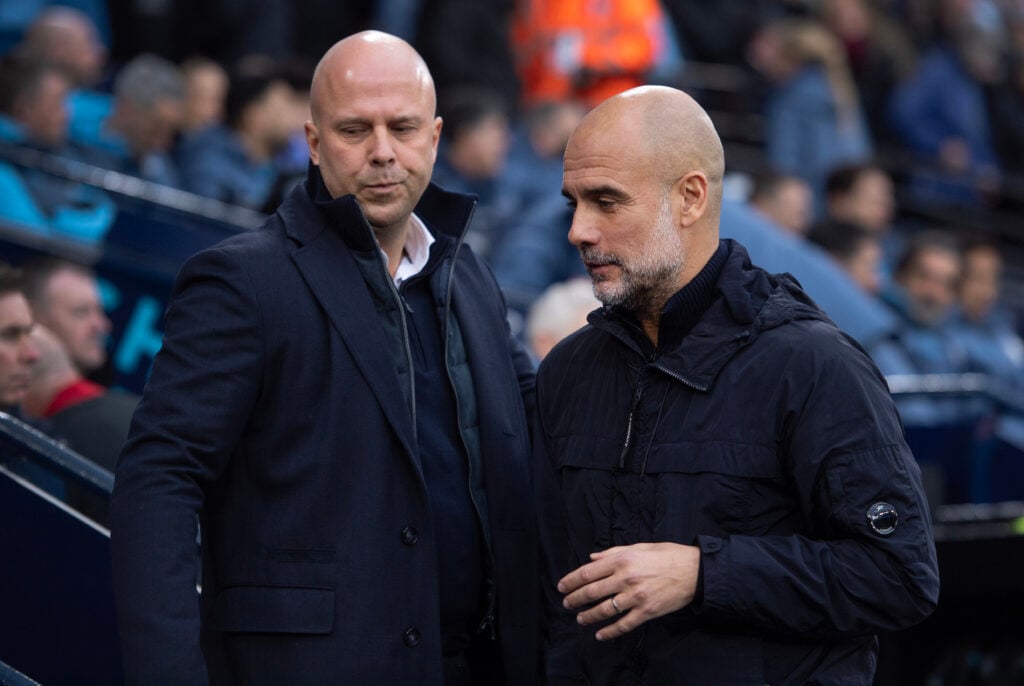 Arne Slot and Pep Guardiola before Manchester City FC v Liverpool FC - Premier League