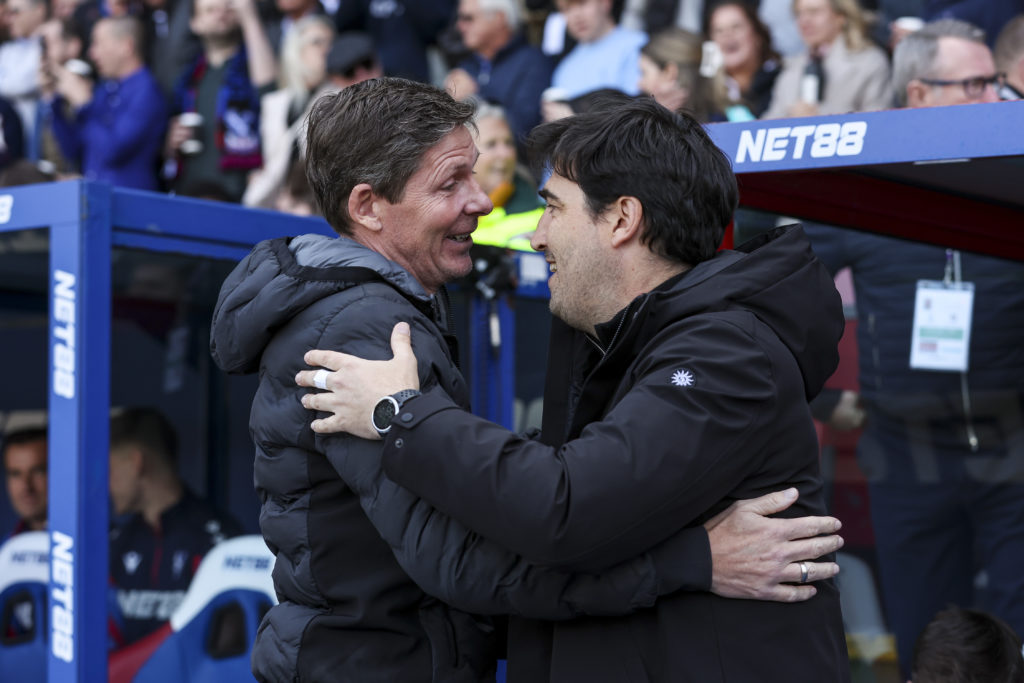 Head Coaches Oliver Glasner of Crystal Palace with Andoni Iraola of Bournemouth during the Premier League match between Crystal Palace FC and AFC Bournemouth