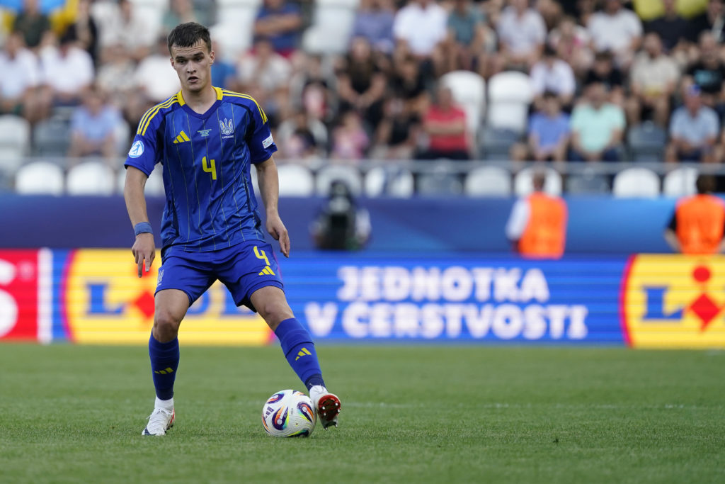 Taras Mykhavko of Ukraina U21 stops the ball during the UEFA European Under-21 Championship 2025 Group Stage match between Finland and Ukraine at Kosice Football Arena.