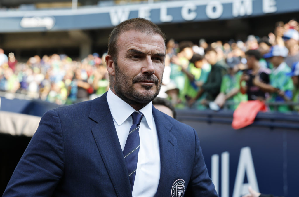 David Beckham looks on prior to Inter Miami's Leagues Cup final match against Seattle Sounders