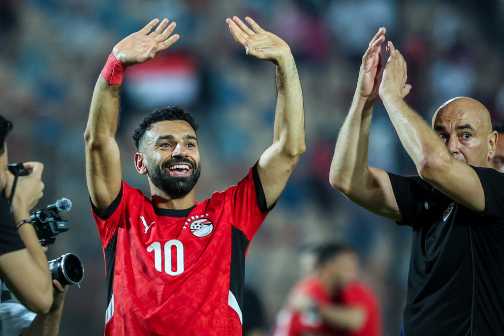 Mohamed Salah and Head Coach Hossam Hassan of Egypt stand together after the FIFA World Cup African qualifiers match Group A between Egypt and Ethiopia at Cairo International Stadium.