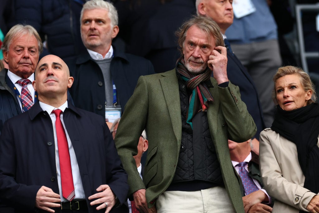 Manchester United co-owner Sir Jim Ratcliffe and CEO Omar Berrada watch on during the defeat against Manchester City at the Etihad Stadium