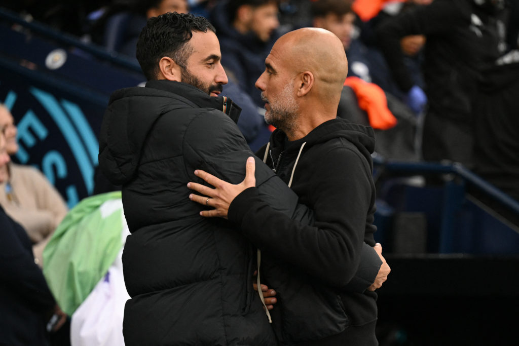 Ruben Amorim and Pep Guardiola embrace on the touchline ahead of Manchester City v Manchester United at the Etihad Stadium