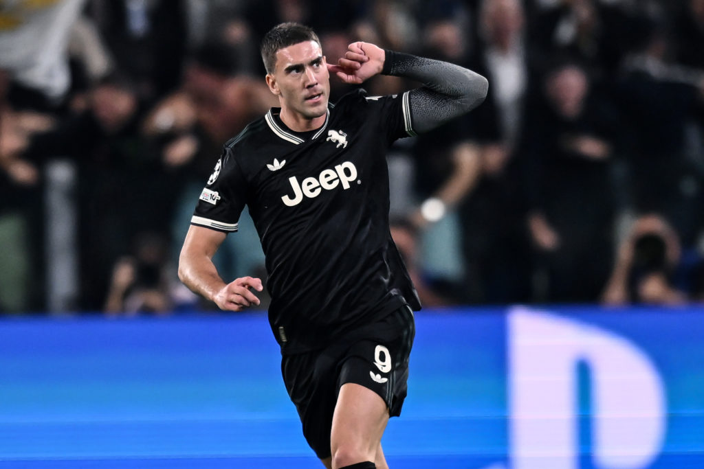 Dusan Vlahovic celebrates scoring for Juventus against Borussia Dortmund in the Champions League