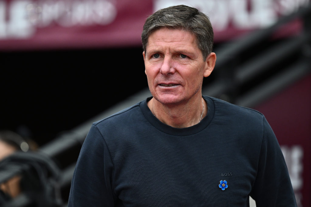 Oliver Glasner looks on during Crystal Palace's Premier League match against West Ham at the London Stadium