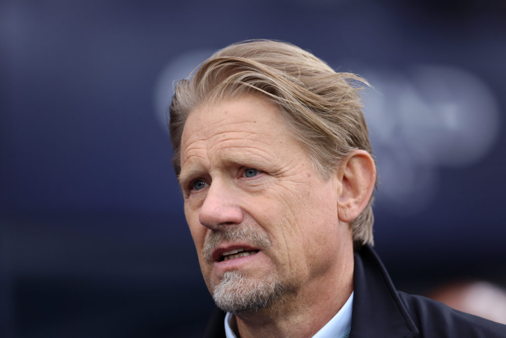 TV pundit Peter Schmeichel looks on prior to the Premier League match between Manchester City and Manchester United