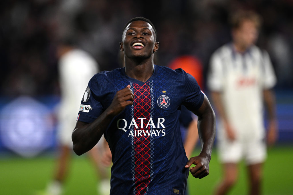 Nuno Mendes celebrates scoring his goal for Paris Saint-Germain against Atalanta in the Champions League