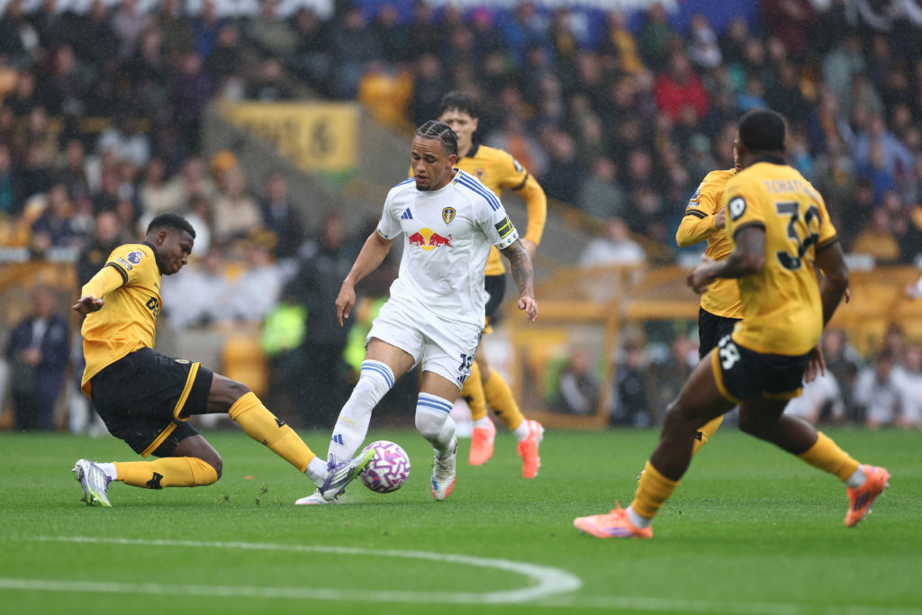 Noah Okafor for Leeds against Wolves in the Premier League.