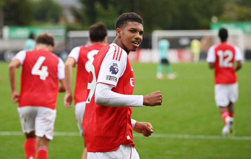 Andre Harriman-Annous celebrates scoring for Arsenal under-21s