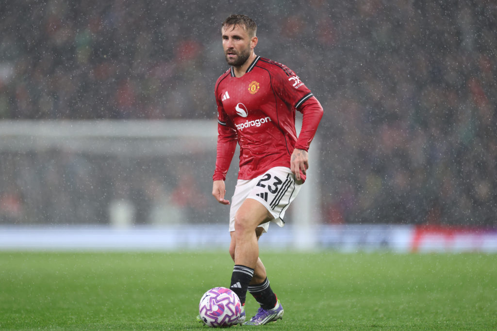 Luke Shaw on the ball during Manchester United v Chelsea at Old Trafford