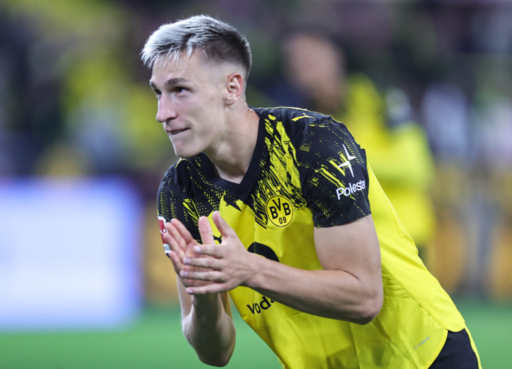 Nico Schlotterbeck of Borussia Dortmund BVB celebrates the victory after the Bundesliga match between Borussia Dortmund and VfL Wolfsburg at Signal Iduna Park.