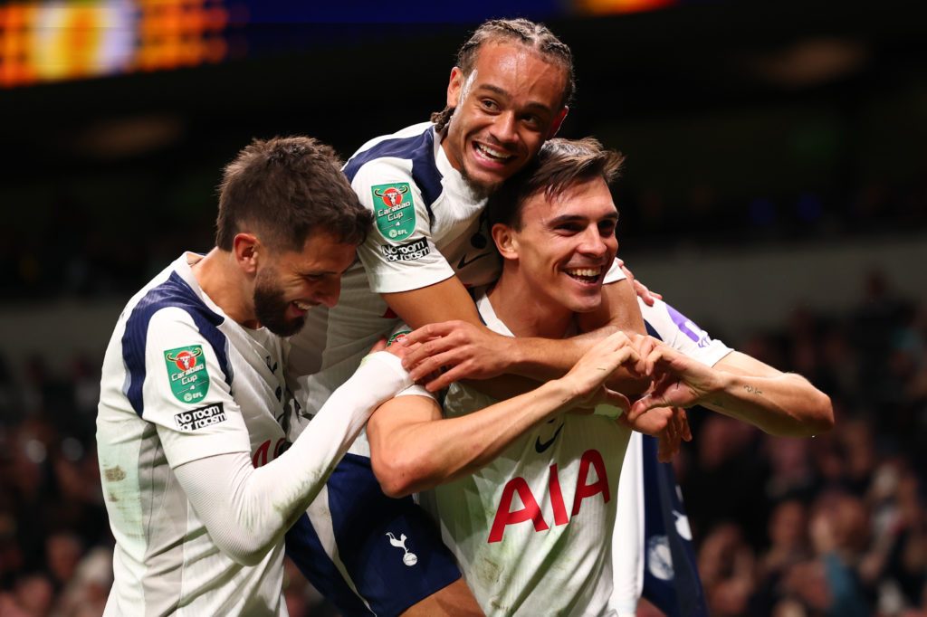Xavi Simons and Joao Palhinha celebrate during Tottenham Hotspur v Doncaster Rovers in the Carabao Cup Third Round