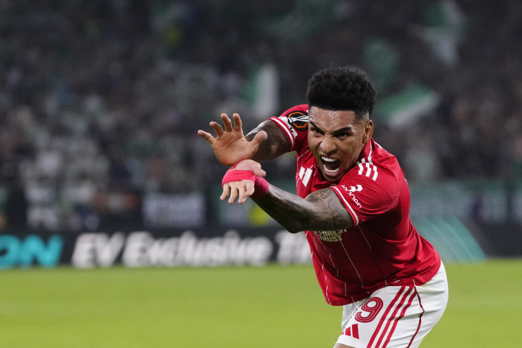 Igor Jesus celebrates scoring Nottingham Forest's first goal against Real Betis in the Europa League