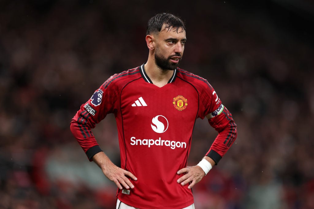 Bruno Fernandes looks dejected during Manchester United's victory against Chelsea at Old Trafford